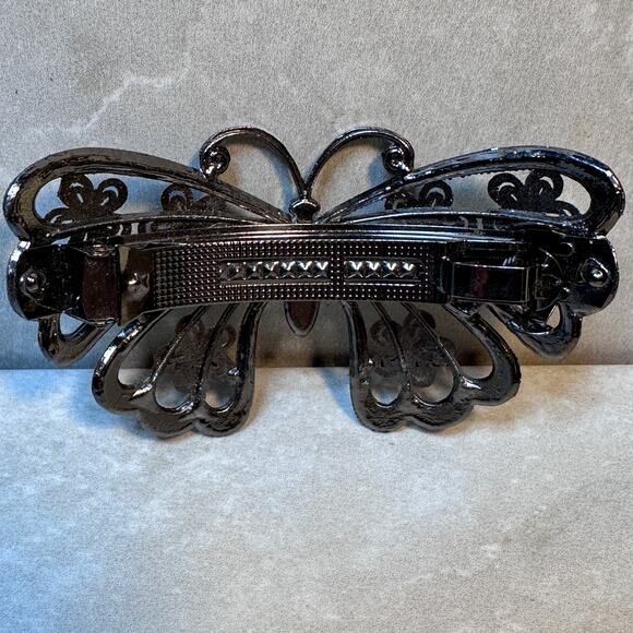 Vintage Ornate Filigree Butterfly Jeweled Metal Hair Clip Barrette - Picture 2 of 7